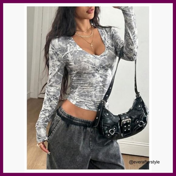 V-Neck Long Sleeve Crop Top in Polyester Blend, Slim Fit - Picture 4 of 5